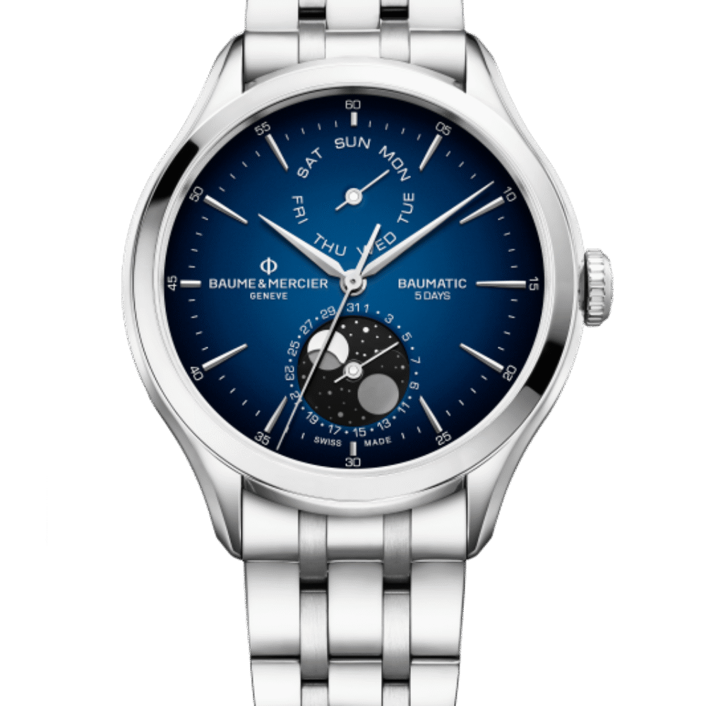 Gents stainless steel automatic Baume & Mercier Clifton Baumatic day-date moon-phase bracelet watch 10725
