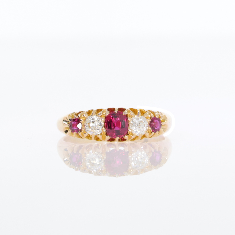 Ruby and diamond five stone ring, 18ct yellow gold mount