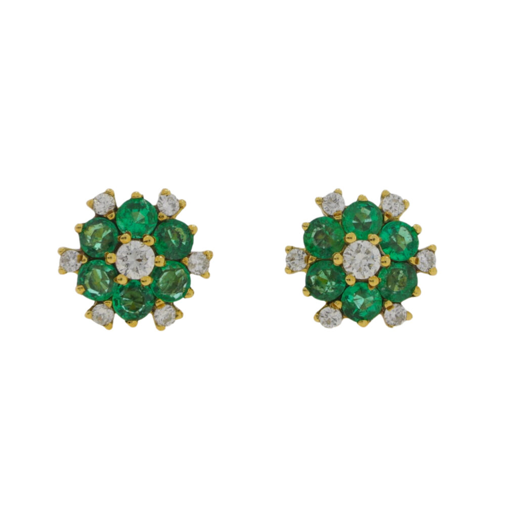 Emerald and Diamond two row inverted circular cluster earrings, 18ct gold mounts
