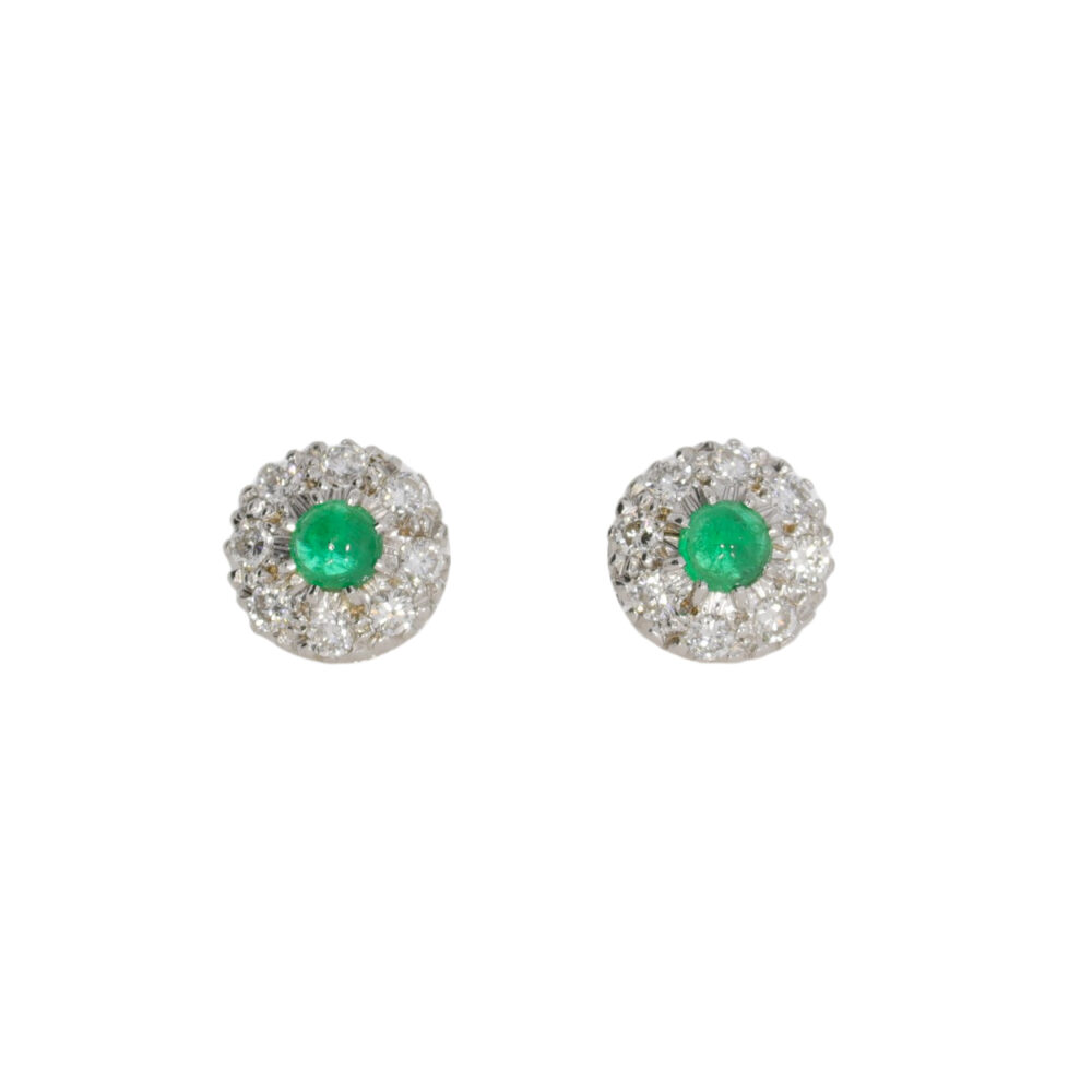 Emerald and diamond nine stone circular cluster earrings, 18ct white gold mounts