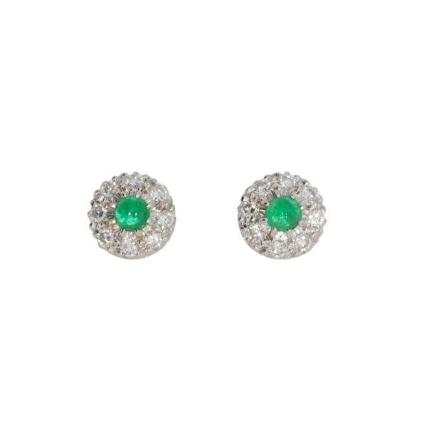 Emerald and diamond nine stone circular cluster earrings, 18ct white gold mounts