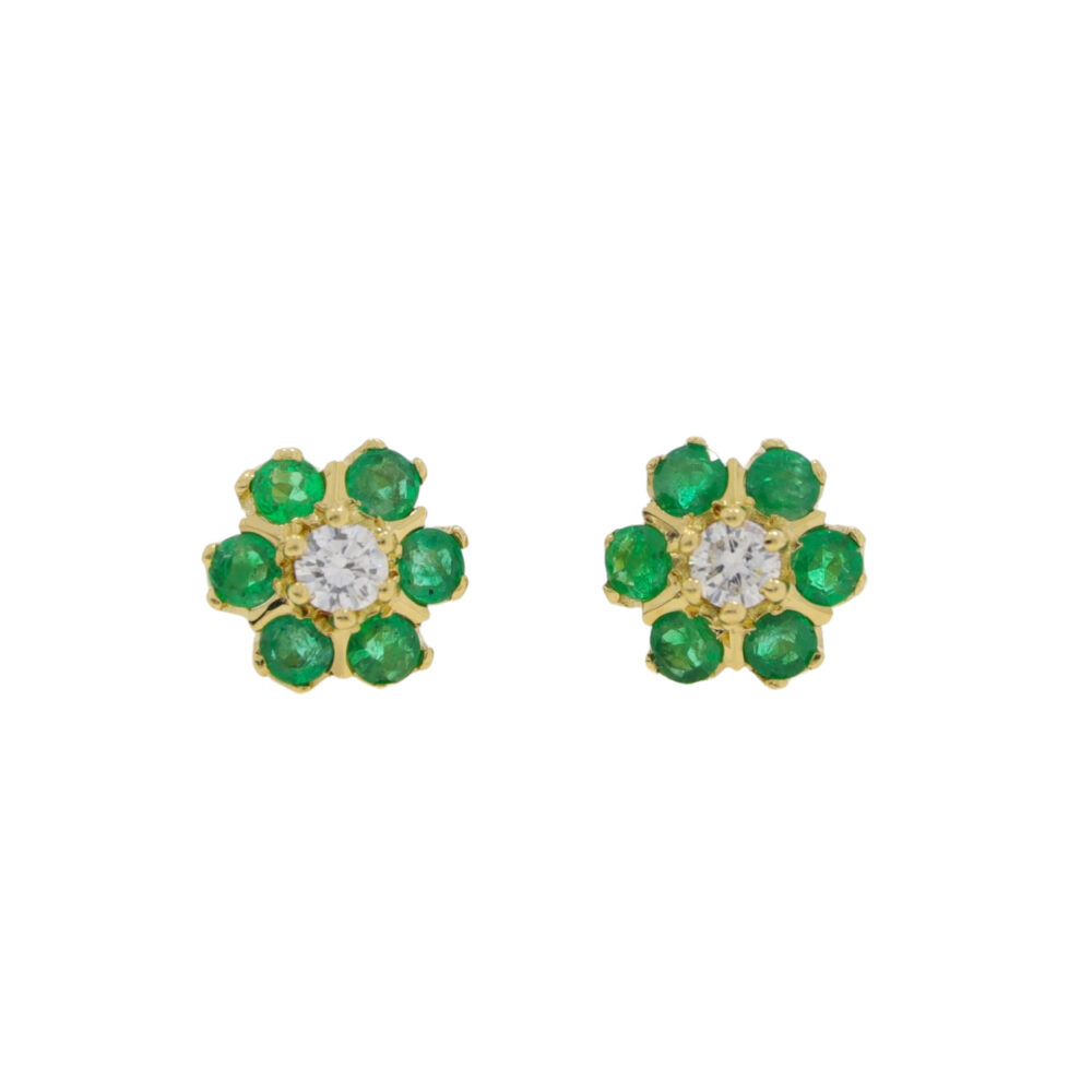 Emerald and diamond seven stone cluster earrings, 18ct yellow gold mounts