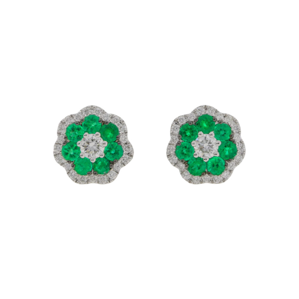 Emerald and diamond two row cluster earrings, 18ct white gold mounts