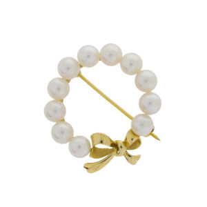 L435 Cultured pearl 18ct gold bow brooch