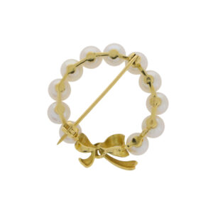 L435 Cultured pearl 18ct gold bow brooch back