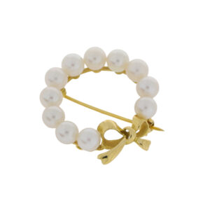 L435 Cultured pearl 18ct gold bow brooch side
