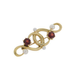 R444 Garnet cultured pearl and 9ct gold crossover brooch side