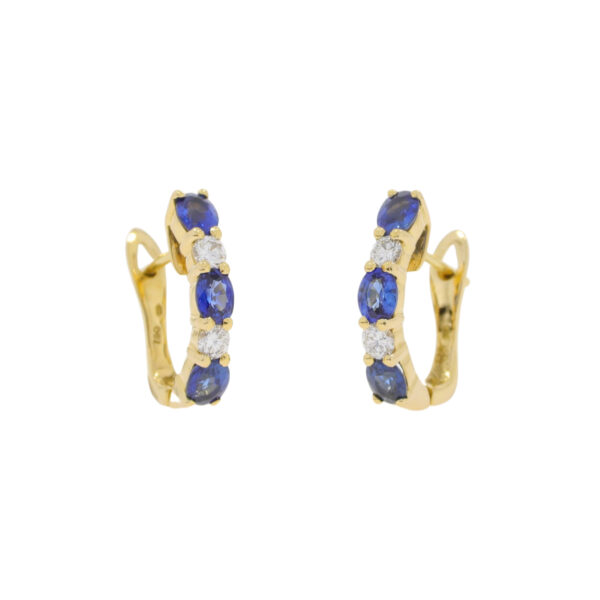 Sapphire and diamond five stone hoop earrings, 18ct yellow gold mounts