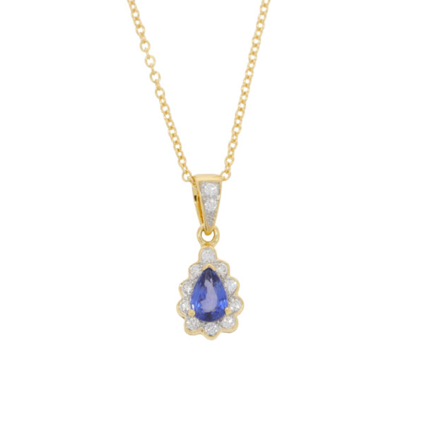 Sapphire and diamond pendeloque eleven stone cluster drop pendant, 18ct gold mount and necklet