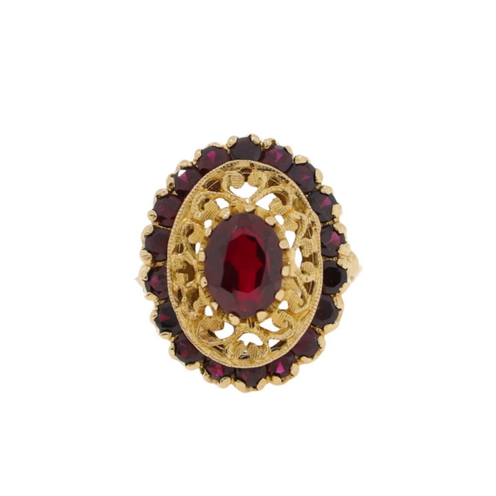 Garnet and gold large Swiss cluster ring, 18K gold mount