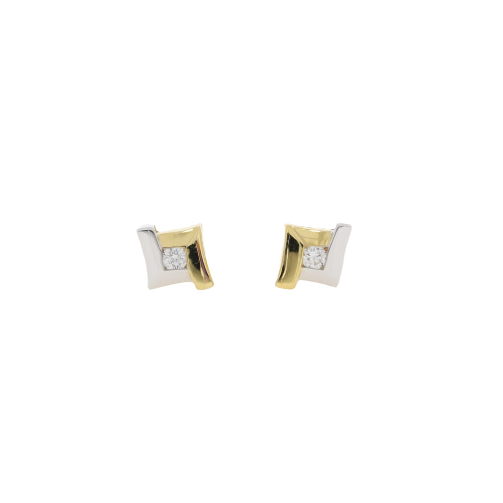 Diamond single stone earrings, with 18ct white and yellow gold square mounts