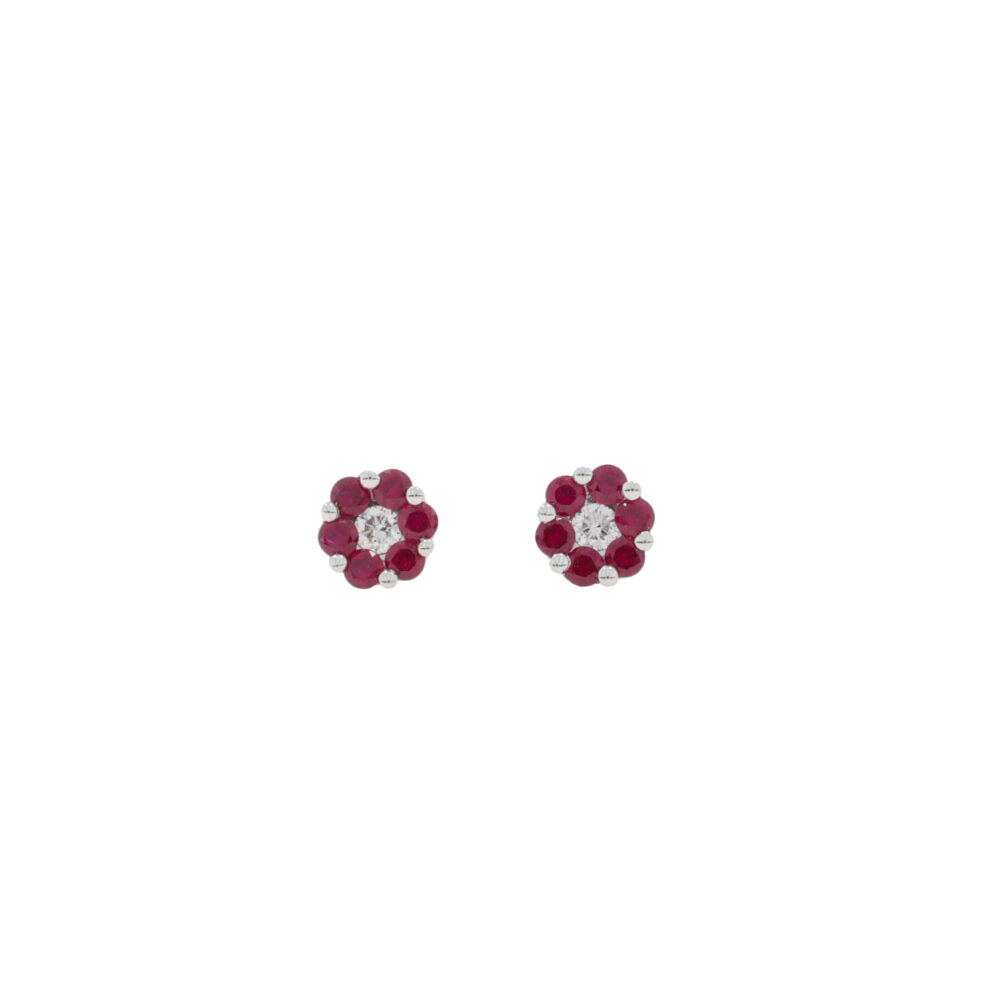 Ruby and diamond seven stone inverted cluster earrings, 18ct white gold mounts