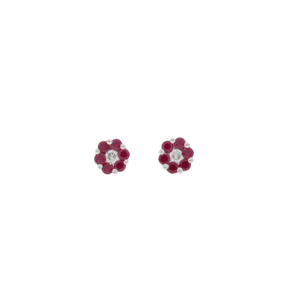 Ruby and diamond seven stone inverted cluster earrings, 18ct white gold mounts