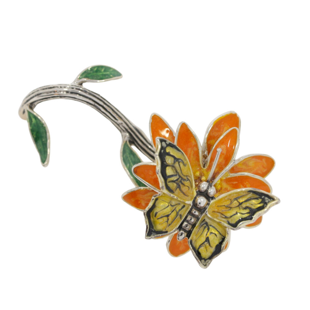 Saturno Sterling Silver and enamel Butterfly on a Flower ornament