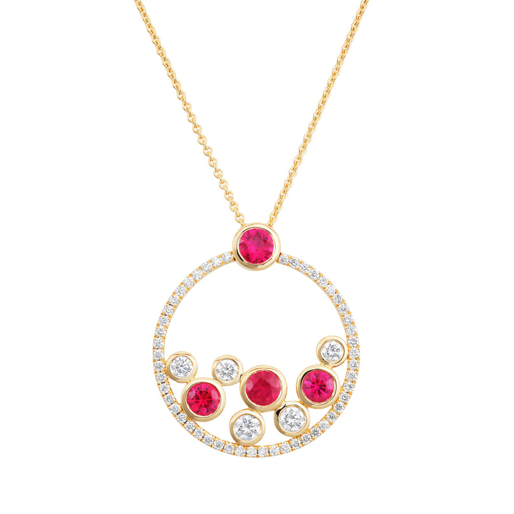 Ruby and diamond open circle cluster 18ct yellow gold pendant and necklet