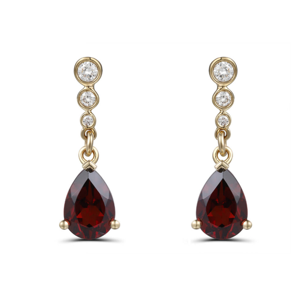 Garnet and diamond drop earrings, 18ct yellow gold mounts