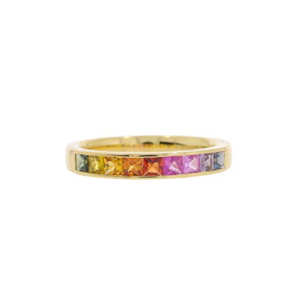 Multi coloured sapphire princess cut nine stone half eternity ring, 18ct gold mount