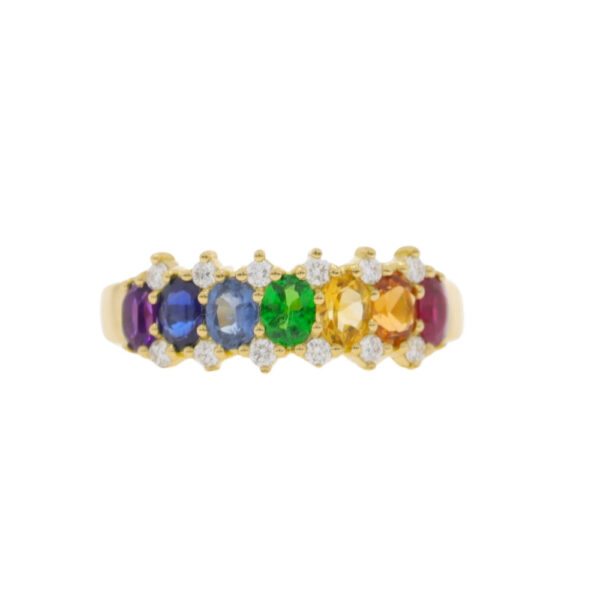 Multi-gemstone and diamond three row Rainbow ring, 18ct gold mount