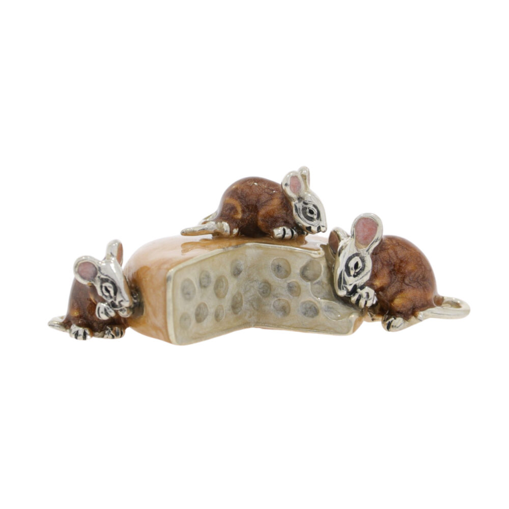 Saturno Sterling Silver and Enamel Mice nibbling cheese Ornament