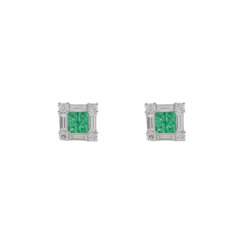 Emerald and brilliant & baguette cut diamond square cluster earrings, 18ct white gold mounts