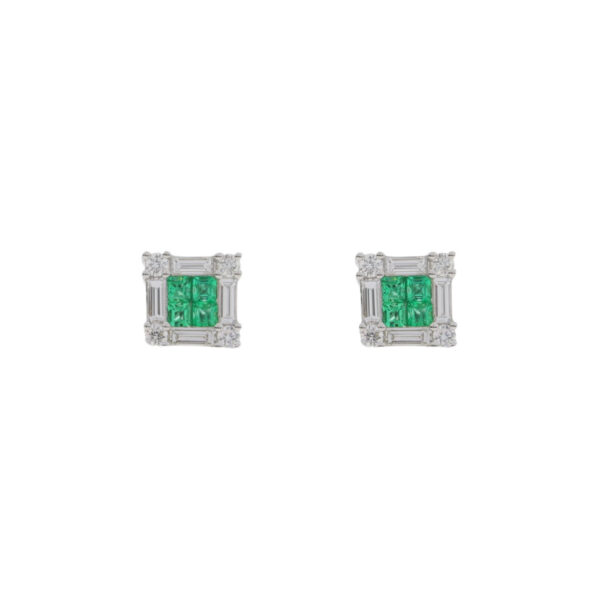 Emerald and brilliant & baguette cut diamond square cluster earrings, 18ct white gold mounts