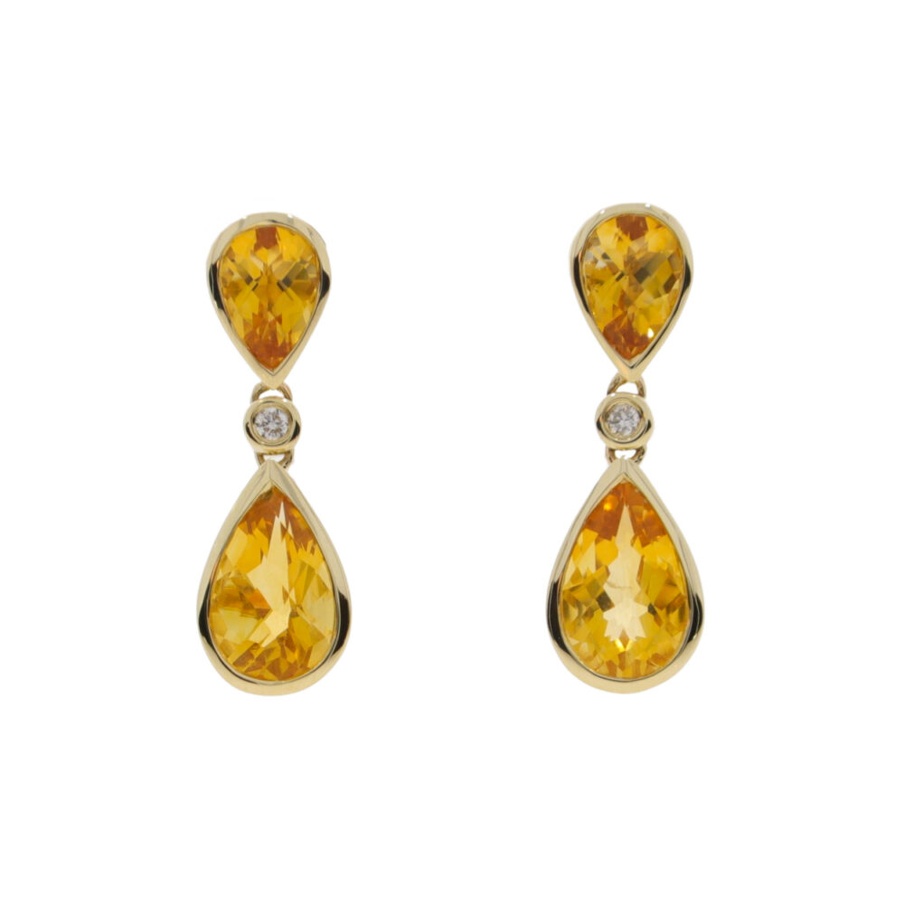 Citrine pendeloque and diamond drop earrings, 9ct gold mounts
