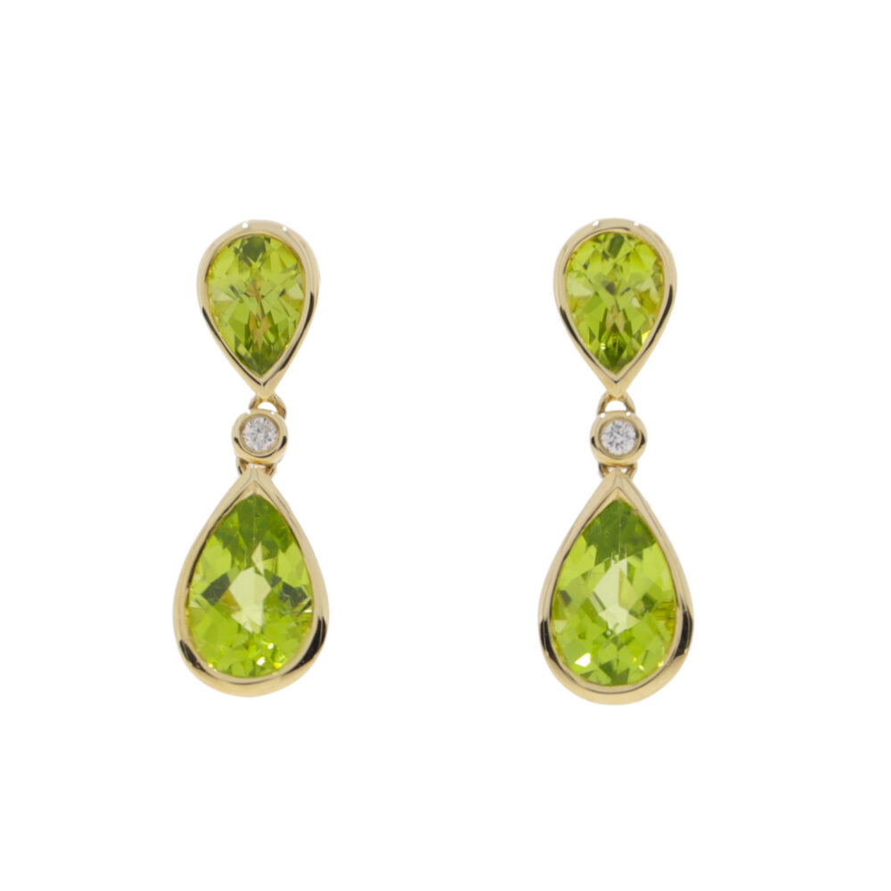 Peridot pendeloque and diamond drop earrings, 9ct gold mounts