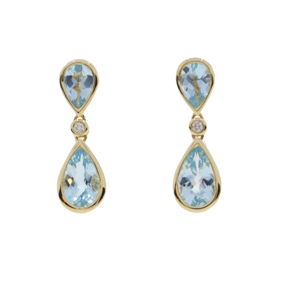 Blue Topaz pendeloque and diamond drop earrings, 9ct gold mounts