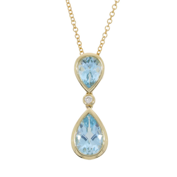Blue topaz pendeloque and diamond drop pendant, 9ct gold mount and necklet