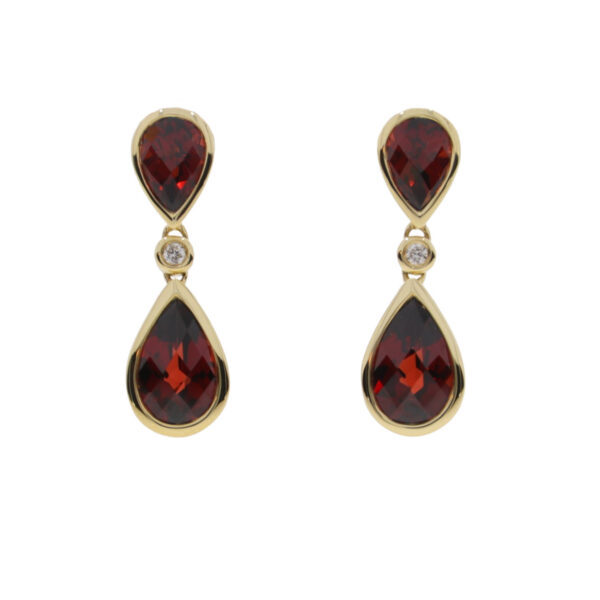Garnet pendeloque and diamond drop earrings, 9ct gold mounts