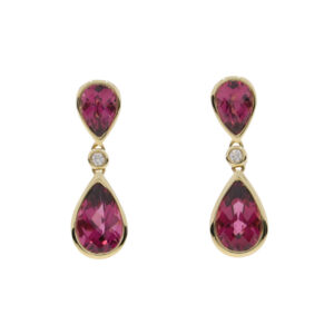 R425.2 Rhodolite garnet and diamond drop earrings 9ct gold