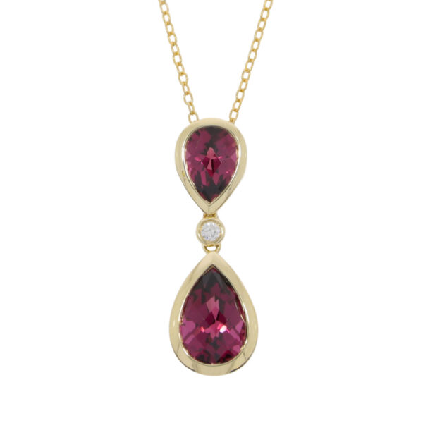 Rhodolite garnet pendeloque and diamond drop pendant, 9ct gold mount and necklet