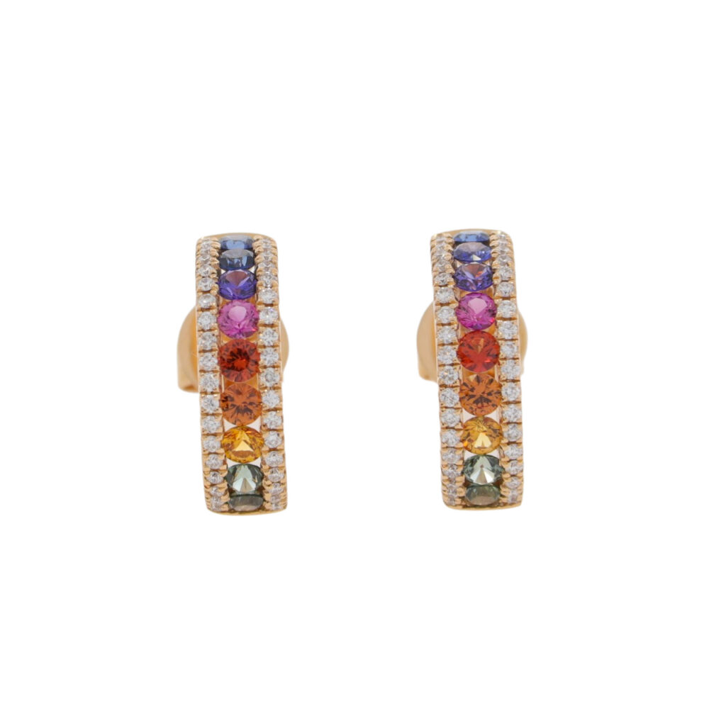 Multi-coloured sapphire and diamond half hoop earrings, 18ct rose gold mounts