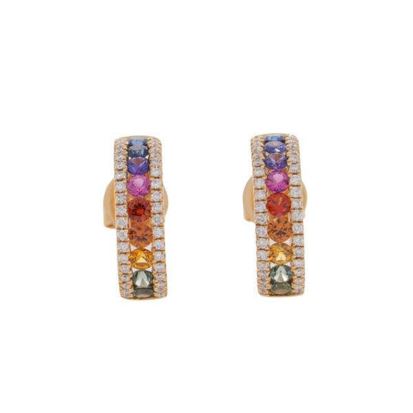 Multi-coloured sapphire and diamond half hoop earrings, 18ct rose gold mounts