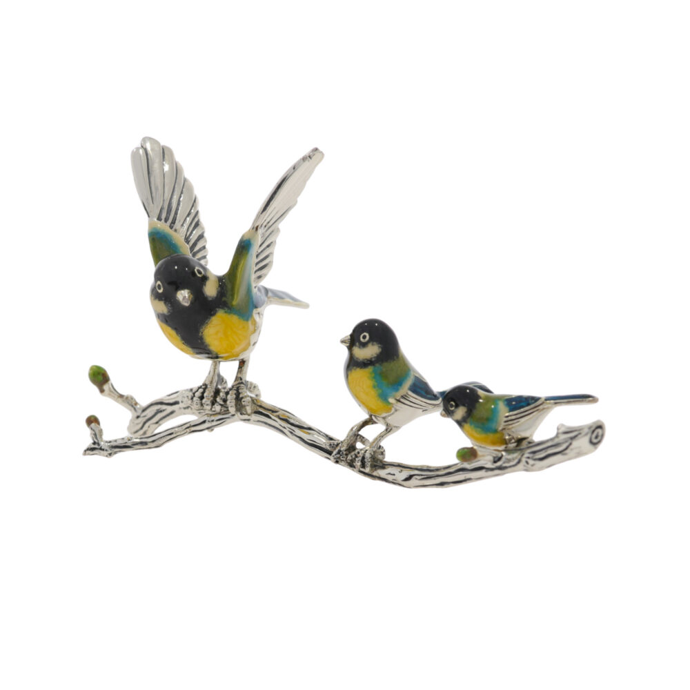 Saturno Sterling Silver and Enamel Great Tits on a Branch Ornament