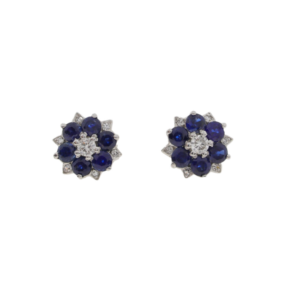 Sapphire and Diamond two row inverted circular cluster earrings, 18ct white gold mounts