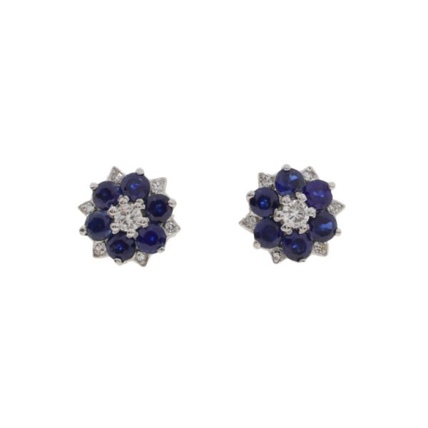 Sapphire and Diamond two row inverted circular cluster earrings, 18ct white gold mounts