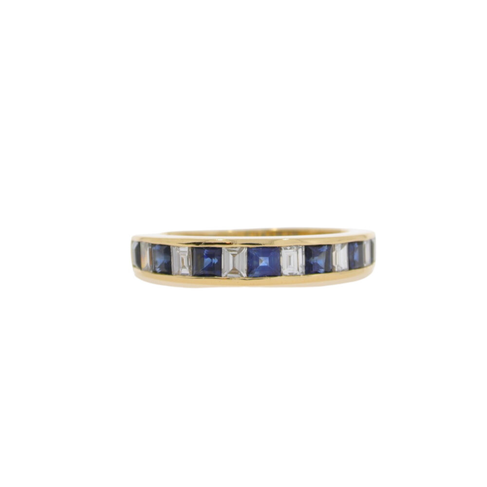 Sapphire and diamond square and baguette cut half eternity ring, 18ct yellow gold mount