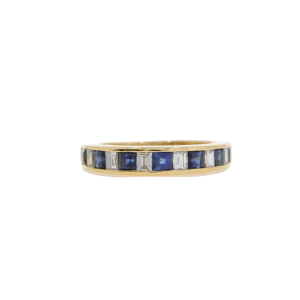 Sapphire and diamond square and baguette cut half eternity ring, 18ct yellow gold mount
