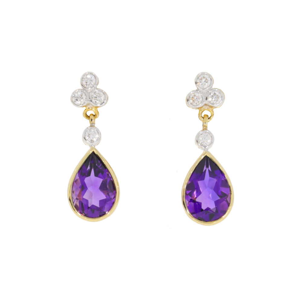Amethyst Pendeloque cut and diamond drop earrings, 18ct yellow gold mounts