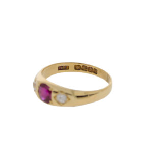 W140.4 Ruby and diamond three stone ring hallmark