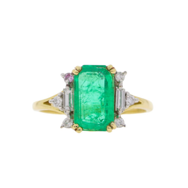 Emerald single stone ring, diamond set shoulders, 18ct gold mount