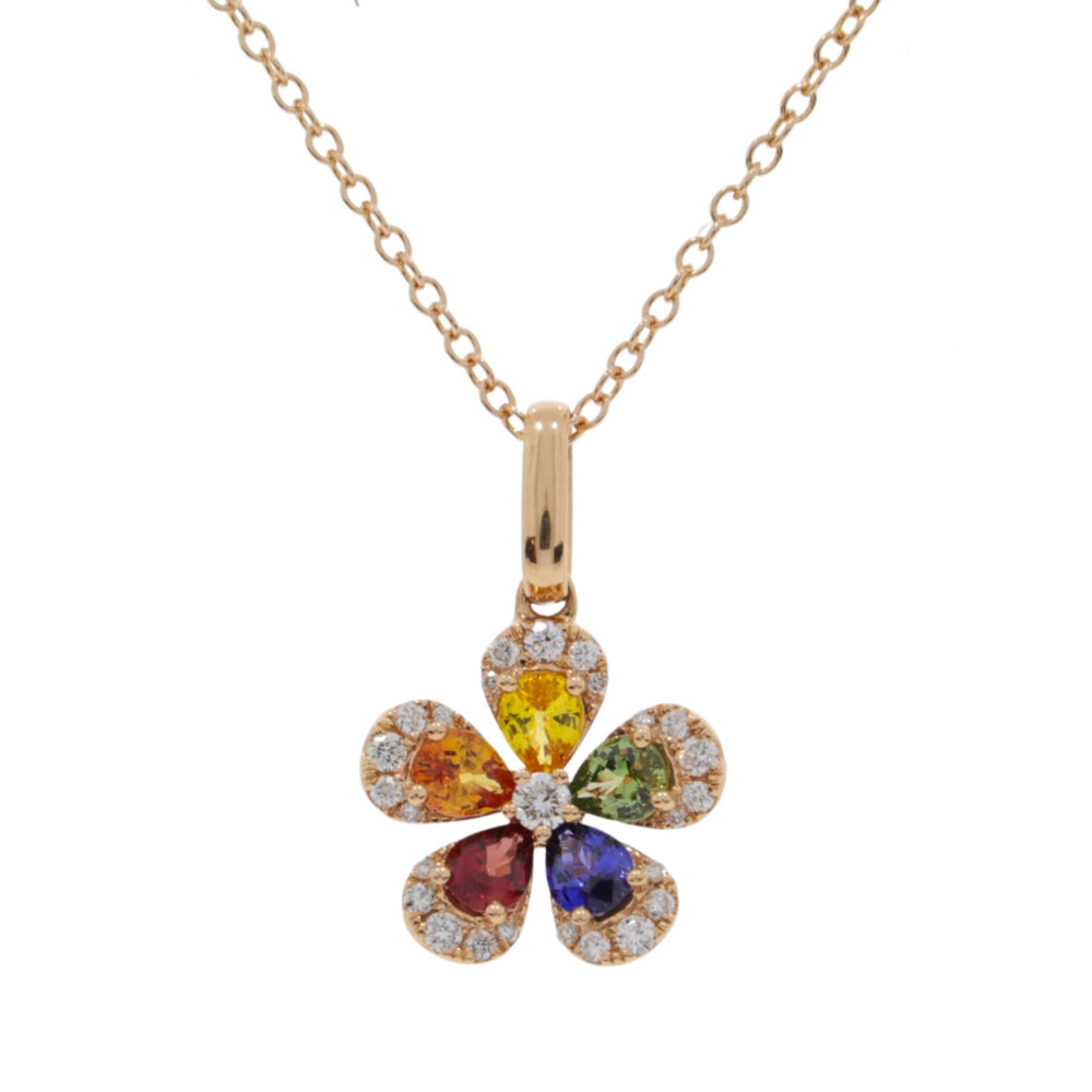 Multi coloured Sapphire and diamond flower petal cluster pendant, 18ct rose gold mount and necklet