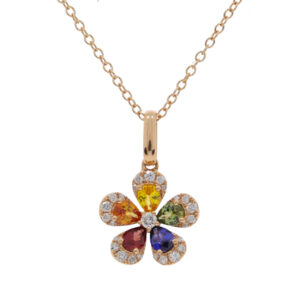 K269.5 Multi coloured sapphire and diamond flower cluster rose gold pendant
