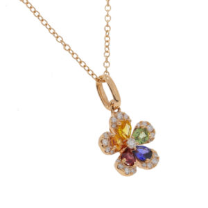 K269.5 Multi coloured sapphire and diamond flower cluster rose gold pendant side