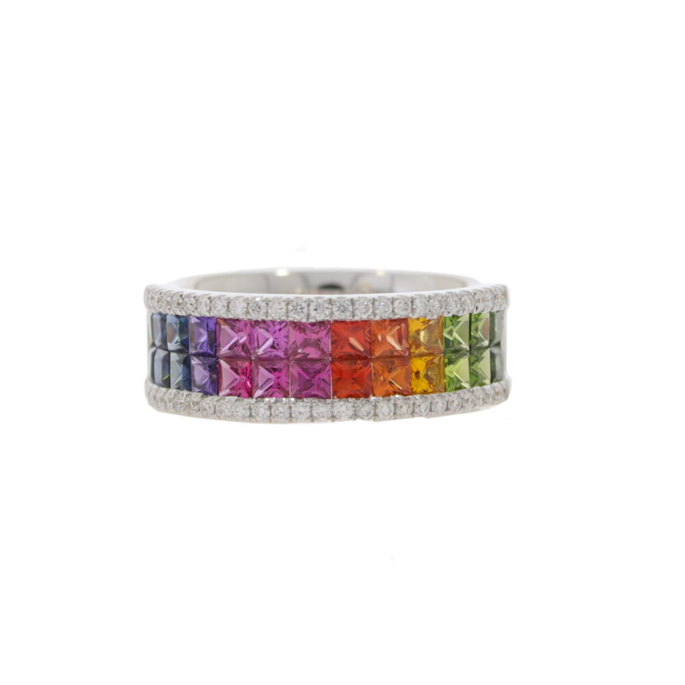 Multi coloured sapphire and diamond four row half eternity ring, 18ct white gold mount