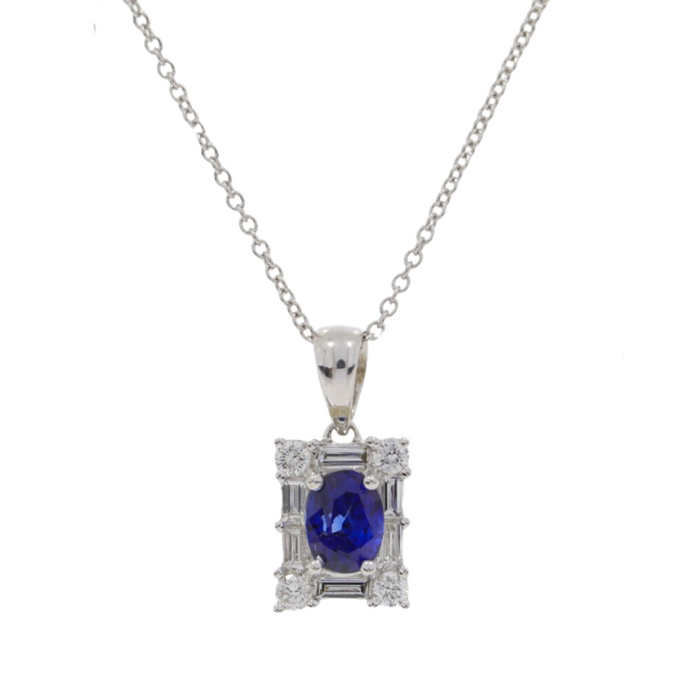 Sapphire and diamond baguette and brilliant cut oblong cluster pendant, 18ct white gold mount and necklet