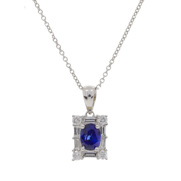 Sapphire and diamond baguette and brilliant cut oblong cluster pendant, 18ct white gold mount and necklet