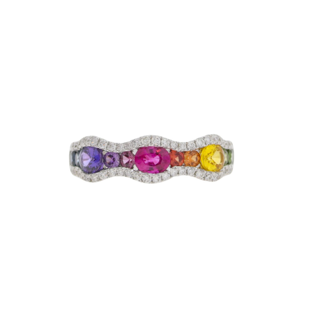 Multi coloured sapphire and diamond fancy dress ring, 18ct white gold mount