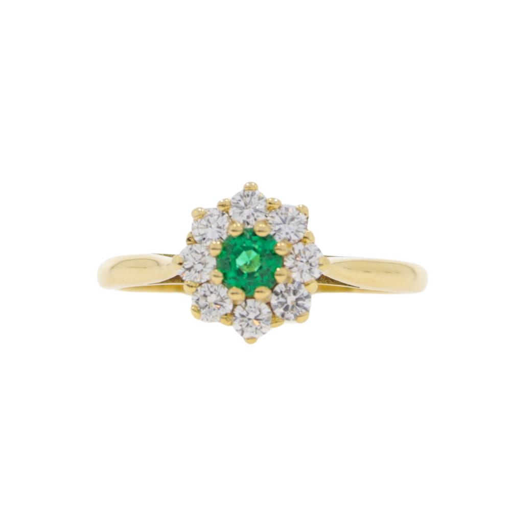 Emerald and diamond nine stone cluster ring, 18ct gold mount